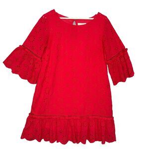 Anthropologie Dani Eyelet Dress Coral Pink Ruffle Bell Sleeve Size 8